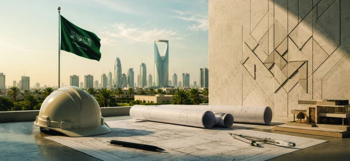 مخططات هندسية وخوذة عمل أمام أفق مدينة الرياض